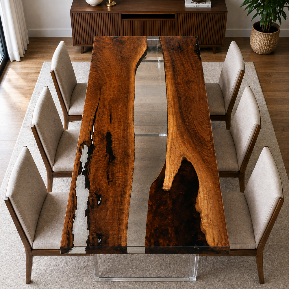 Black Walnut Natural Edge Clear Epoxy Resin Dining Table
