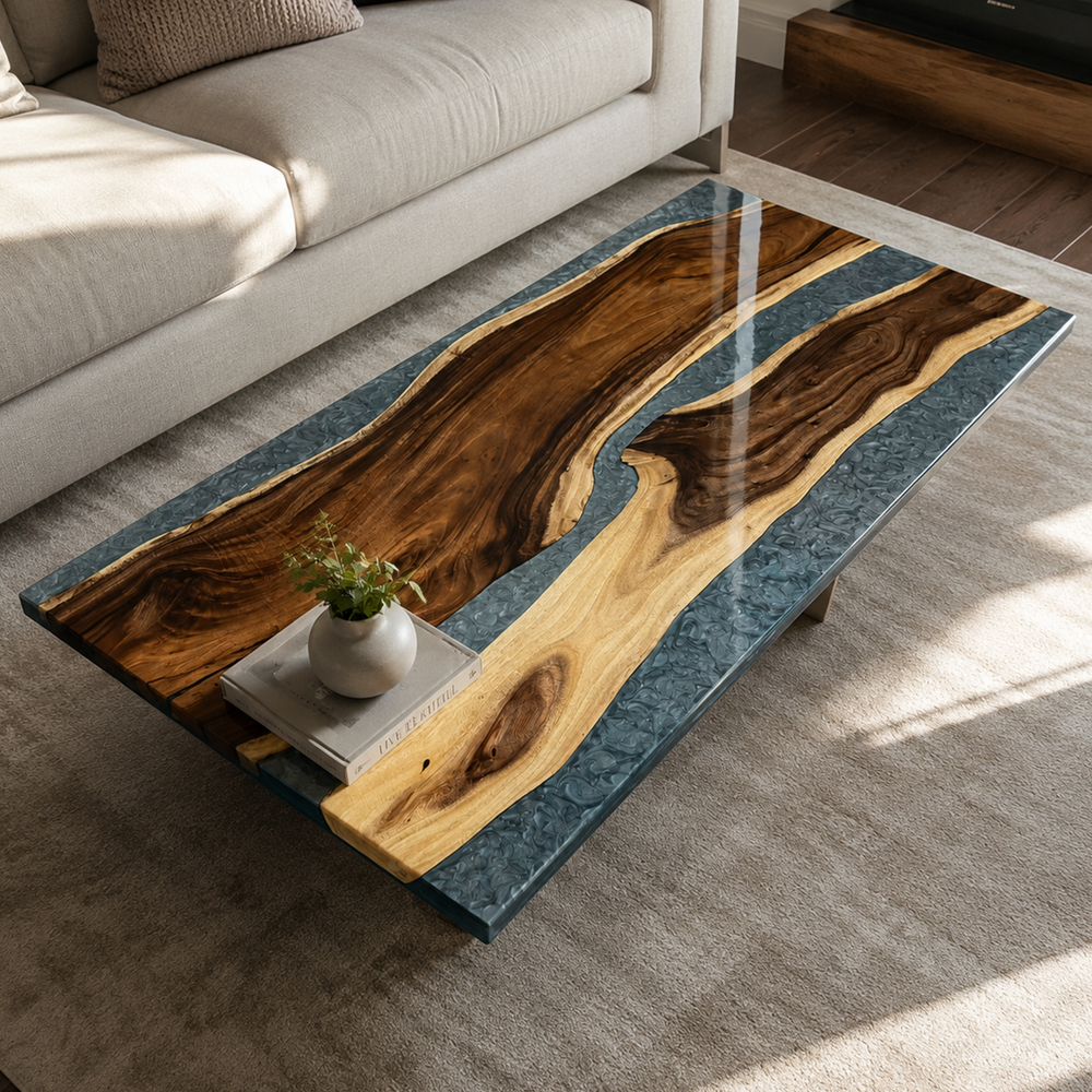Walnut Ocean Wave Ocean Blue Epoxy Resin Coffee Table