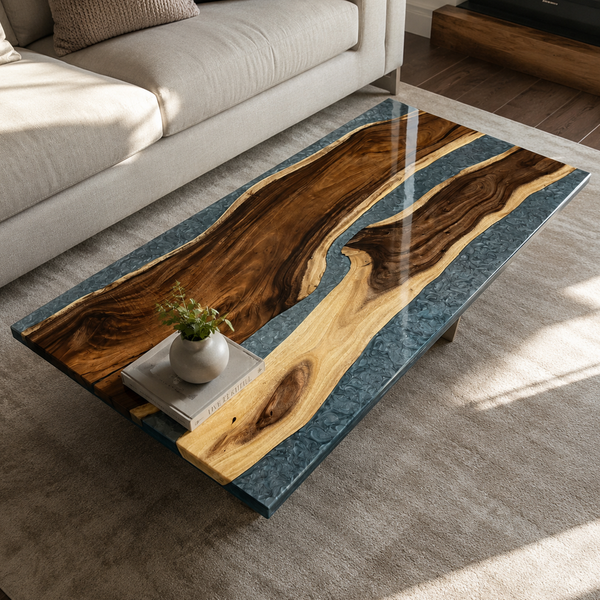 Walnut Ocean Wave Ocean Blue Epoxy Resin Coffee Table