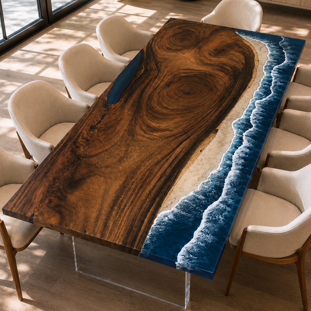 Walnut Ocean Wave Epoxy Resin Dining Table