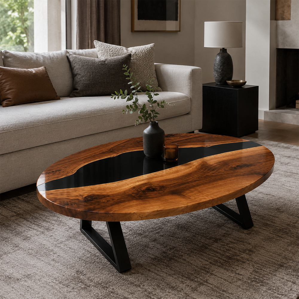 Walnut Black River Epoxy Resin Oval Coffee Table