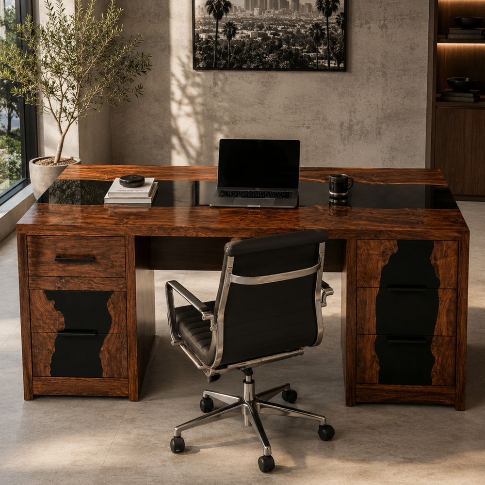 Full product view of Black Walnut River Executive epoxy Desk.
