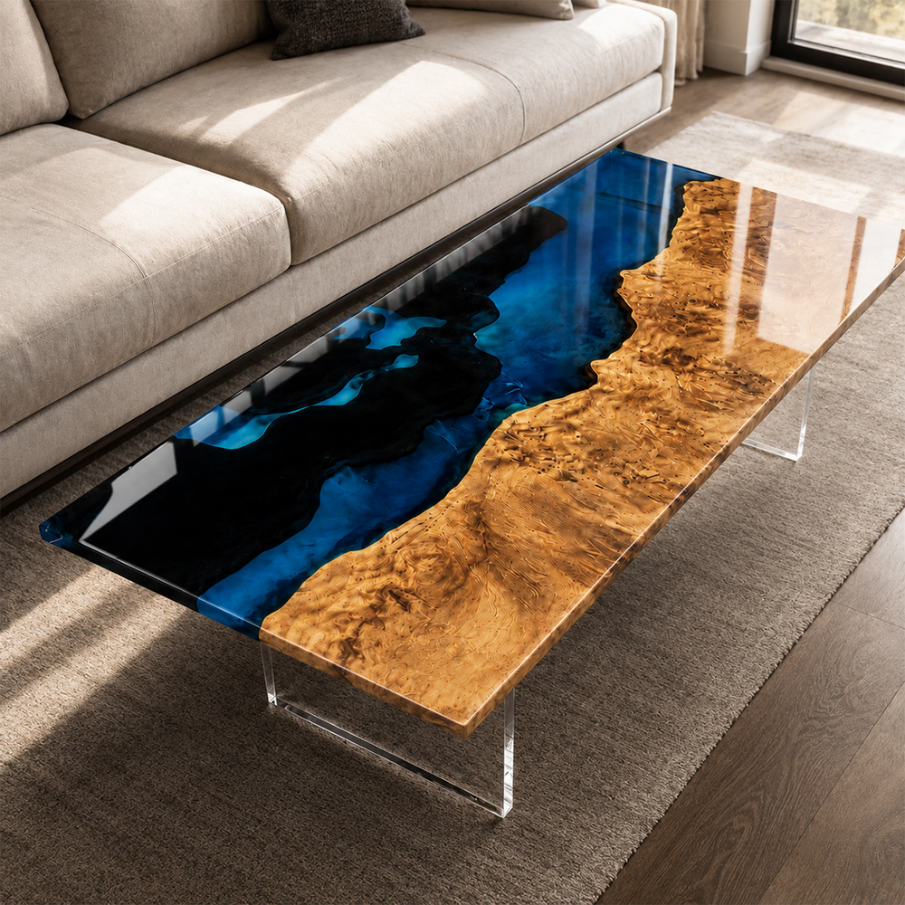 Poplar Burl Deep Blue Ocean Epoxy Resin Coffee Table