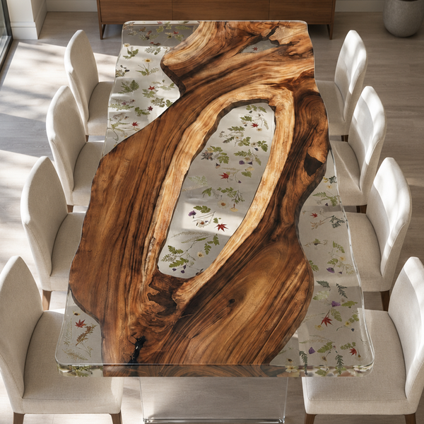Walnut Wood Floral Inlay Live Edge Epoxy Resin Dining Table