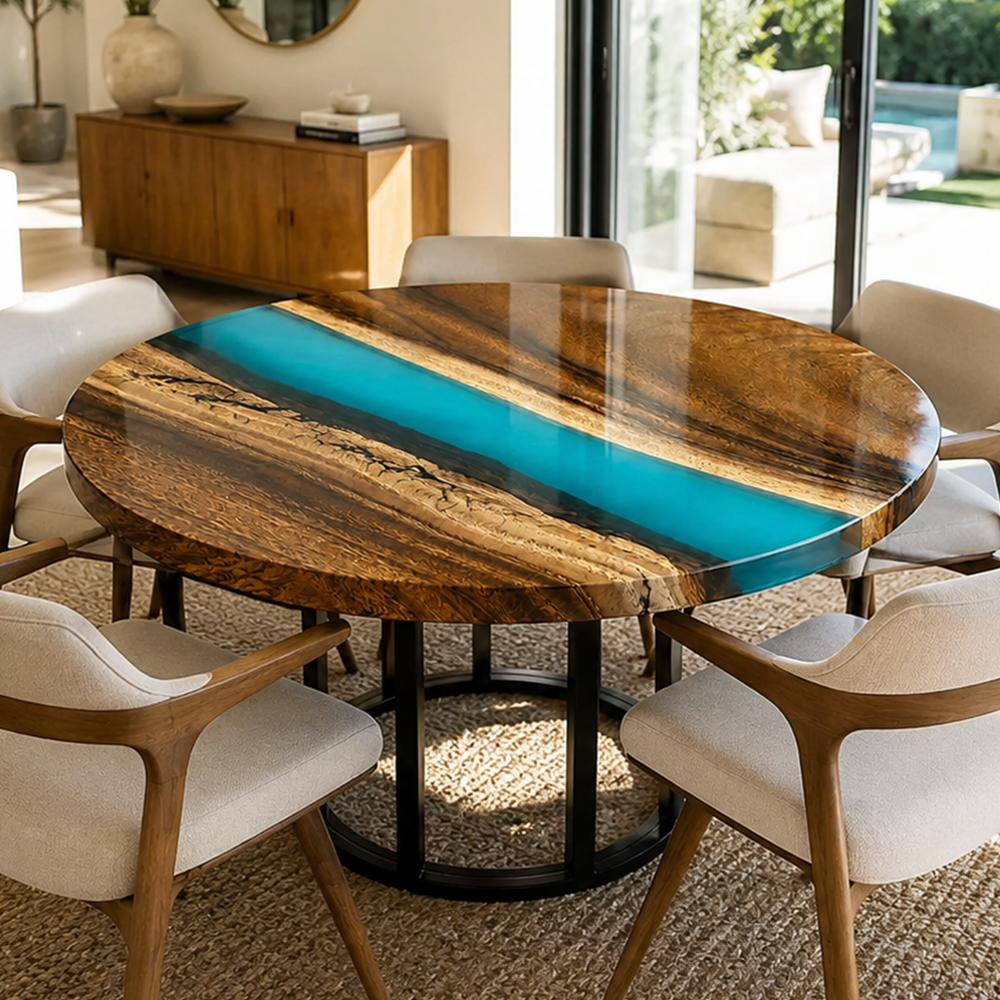 Walnut Blue River Transparent Epoxy Resin Round Dining Table