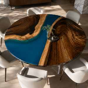 Black Walnut Winding River High-Gloss Blue Epoxy Resin Round Table