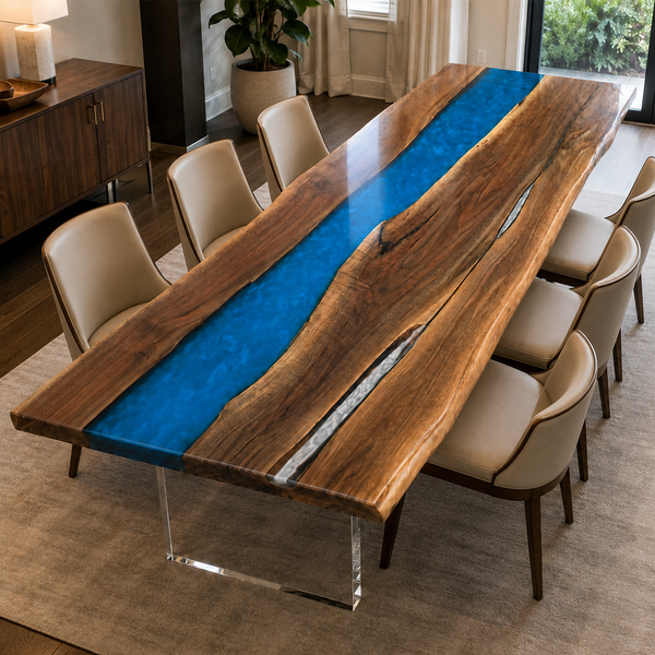 Black Walnut Deep Ocean Wave Shimmer Epoxy Resin Dining Table