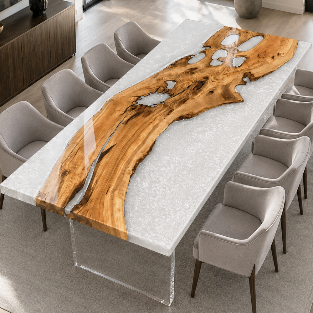 Olive Wood Crystal Epoxy Resin Coffee Table