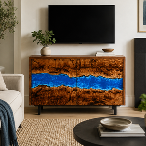 Golden Camphor Burl Blue River Epoxy Resin TV Console