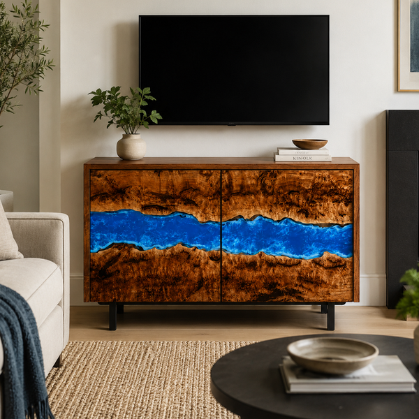 Golden Camphor Burl Blue River Epoxy Resin TV Console