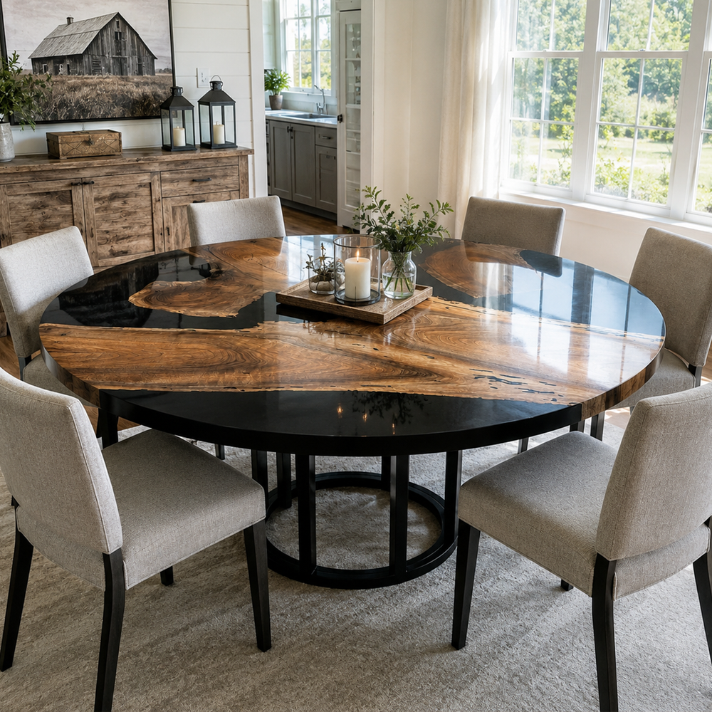 Black Walnut Wood Round Black River Epoxy Resin Dining Table