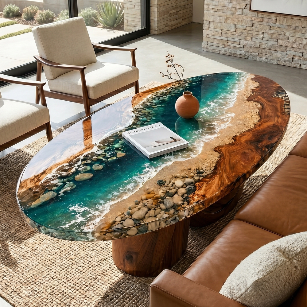 Walnut Wood Oceanic Shoreline Epoxy Resin Oval Coffee Table
