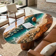 Walnut Wood Oceanic Shoreline Epoxy Resin Oval Coffee Table