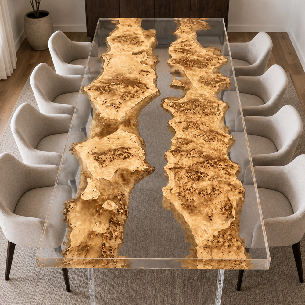Poplar Burl Crystal Clear Floating Island Epoxy Resin Dining Table