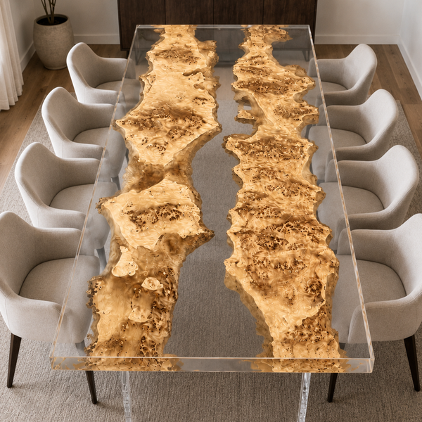 Poplar Burl Crystal Clear Floating Island Epoxy Resin Dining Table