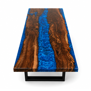 Black Walnut Wood Sapphire Blue River Epoxy Resin Dining Table