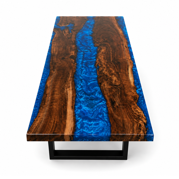 Black Walnut Wood Sapphire Blue River Epoxy Resin Dining Table