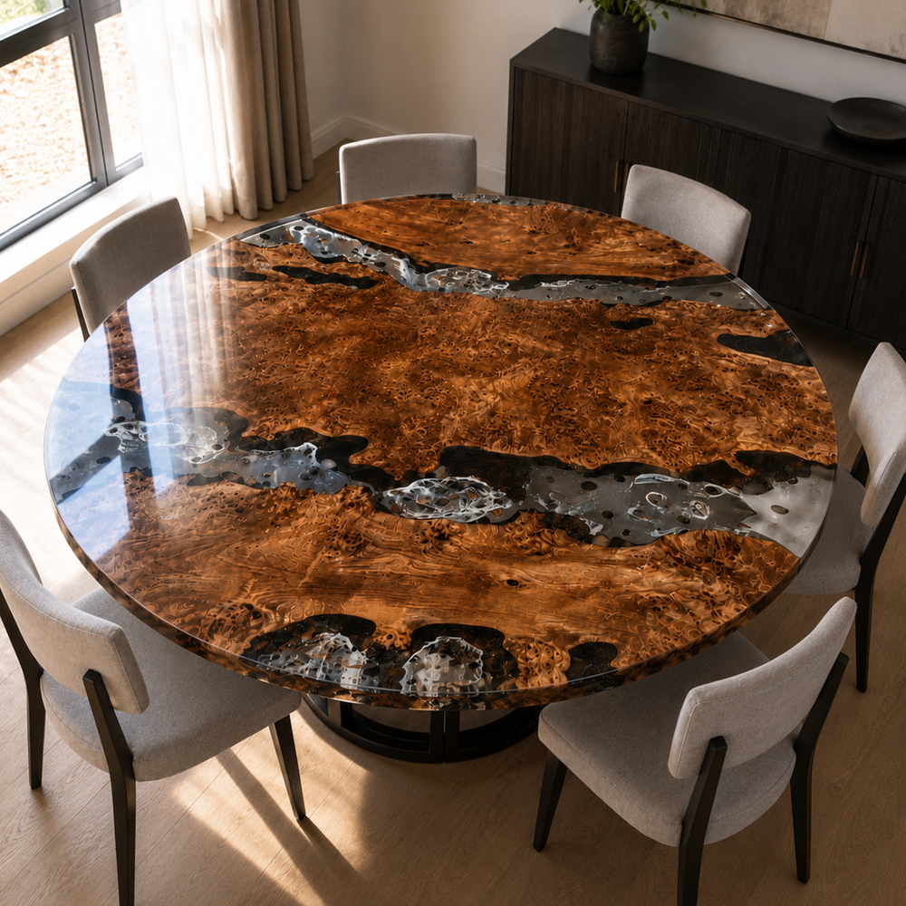 Cunninghamia Premium Burl Wood Round Epoxy Resin Dining Table