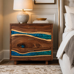 Walnut Live Edge Ocean Stream Epoxy Resin Storage Cabinet