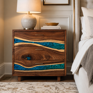 Walnut Live Edge Ocean Stream Epoxy Resin Storage Cabinet