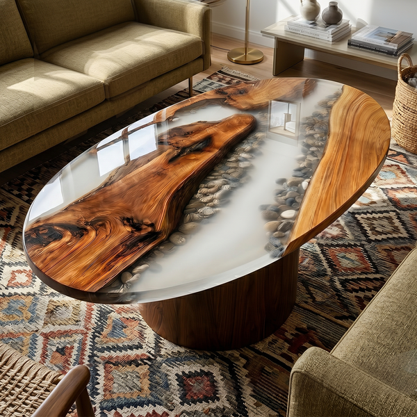 Oval Walnut Wood Epoxy Resin Coffee Table