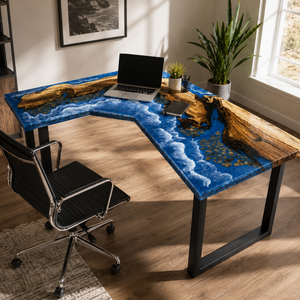 Walnut Ocean Wave L-Shaped Epoxy Resin Desk