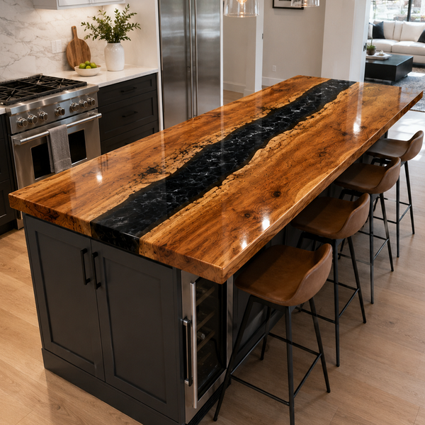Walnut Wood Black River Live Edge Epoxy Resin Countertop
