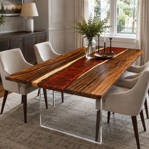 96" × 42" × 2" Walnut Amber Red River Epoxy Resin Dining Table