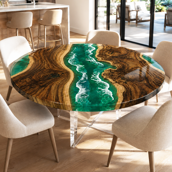 Black Walnut Coastal River Green Wave Epoxy Resin Round Table