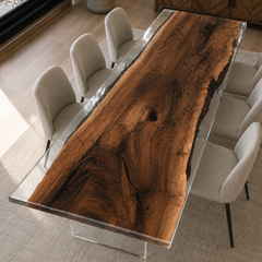 Black Walnut Wood Clear Transparent Rectangular Edge Epoxy Resin Dining Table