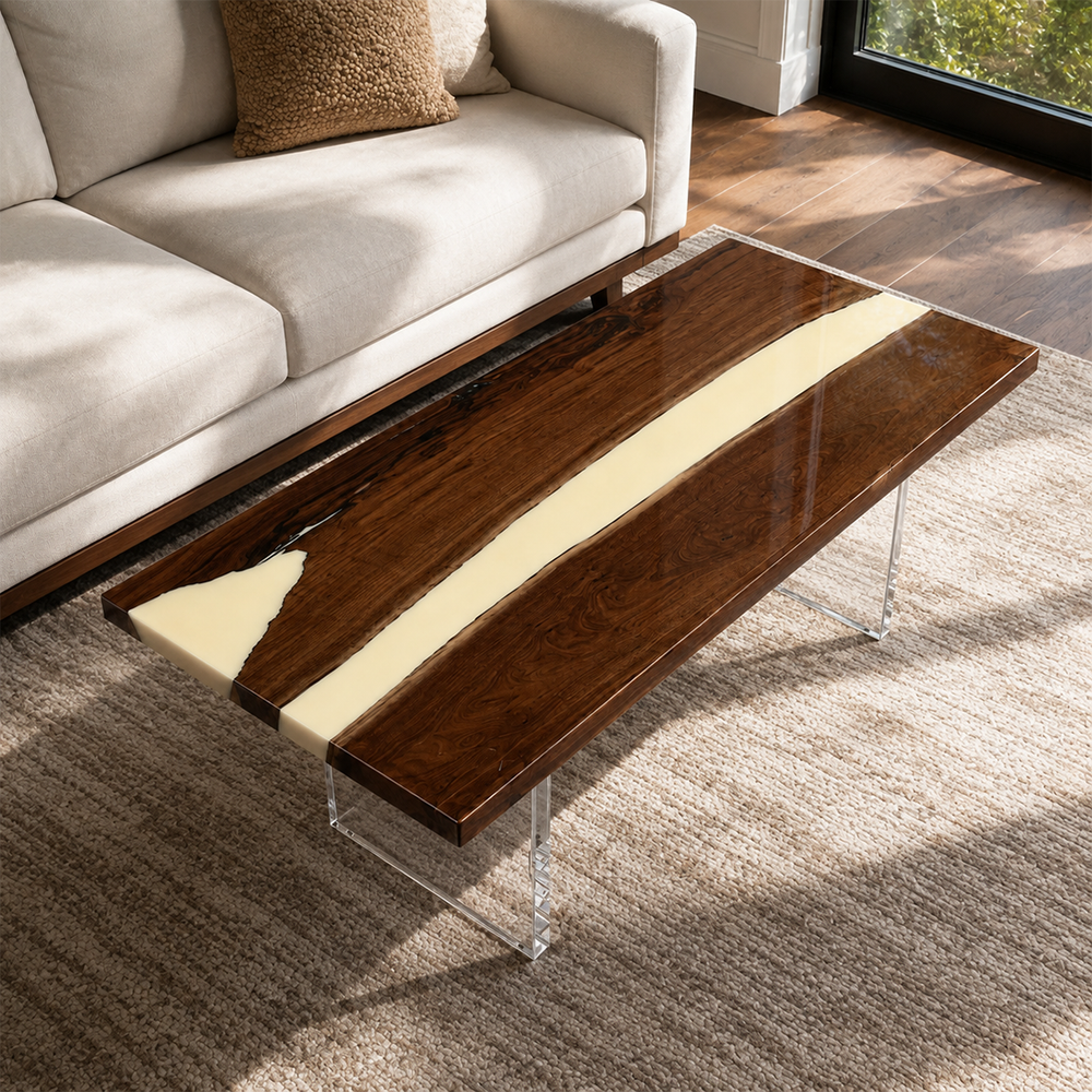 Black Walnut Cream White River Epoxy Wood Slab Table