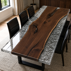 Black Walnut Wood Crystal Ice Patterned Edge Epoxy Resin Dining Table