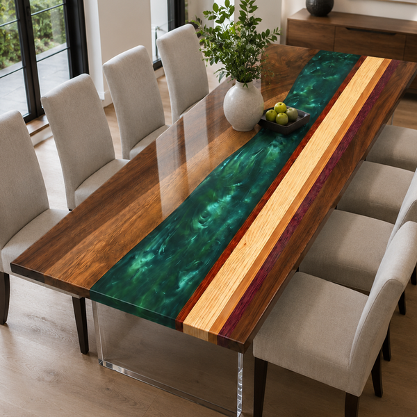 Black Walnut and Mixed Wood Strip Swirling Green Epoxy Resin Dining Table