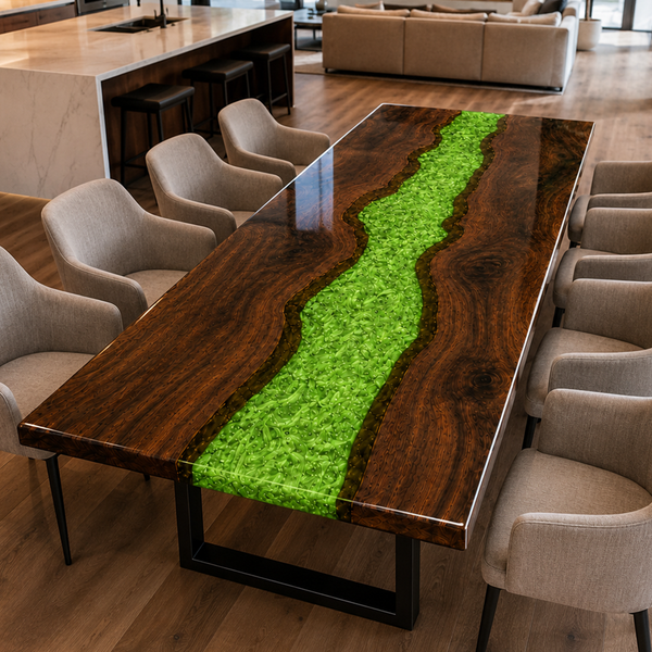 Black Walnut Wood Swirl Green River Epoxy Resin Dining Table