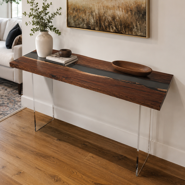 Black Walnut Transparent Black River Epoxy Resin Console Table