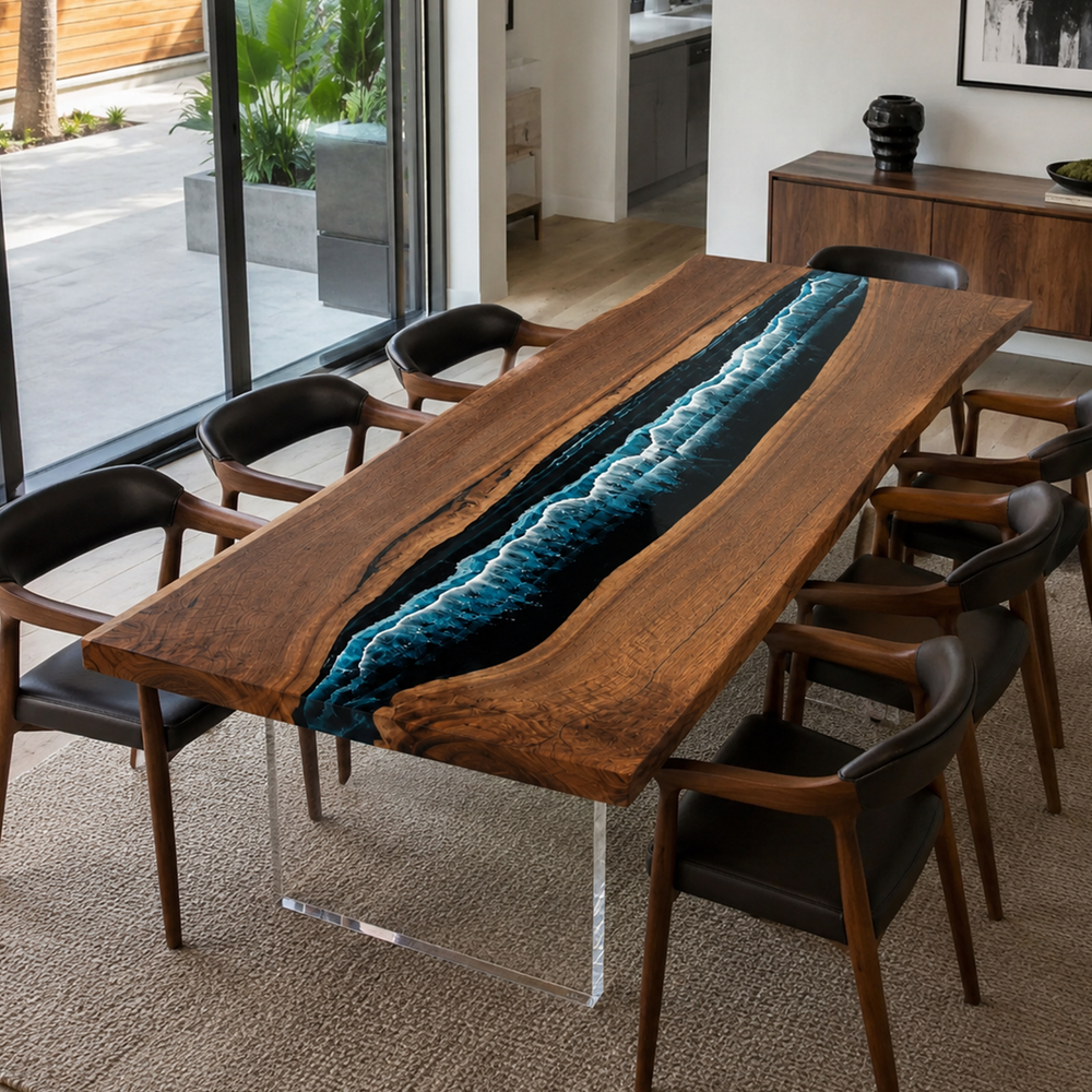 Black Walnut Wood Deep Ocean Wave Epoxy Resin Dining Table