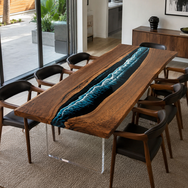 Styled product view of Black Walnut Wood Deep Ocean Wave epoxy Dining Table.