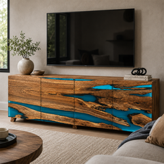 Walnut Ocean Blue River Epoxy Resin Storage Console