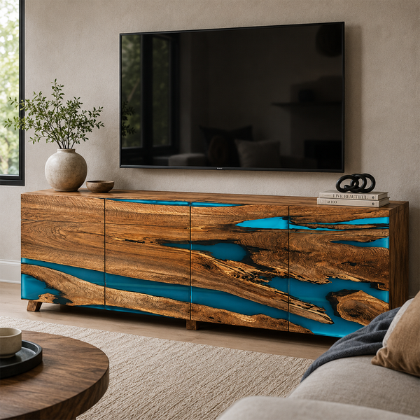 Walnut Ocean Blue River Epoxy Resin Storage Console