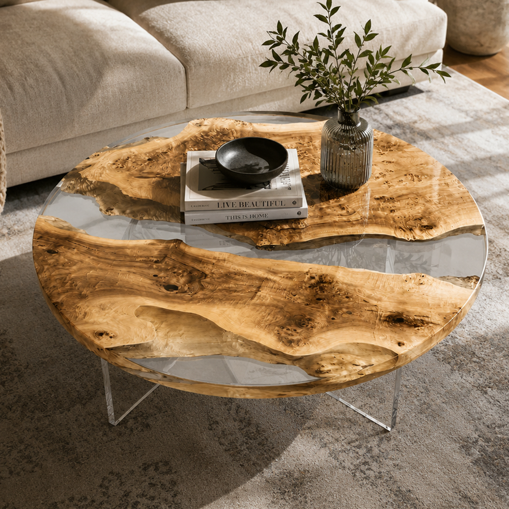 Poplar Glacial Stream Clear Round Epoxy Resin Coffee Table