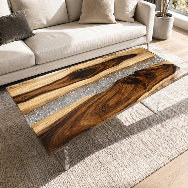 Walnut Crystal Glacier Shattered Ice Epoxy Resin Coffee Table