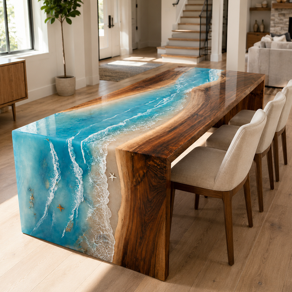 Walnut Coastal Tide Epoxy Resin Waterfall Table