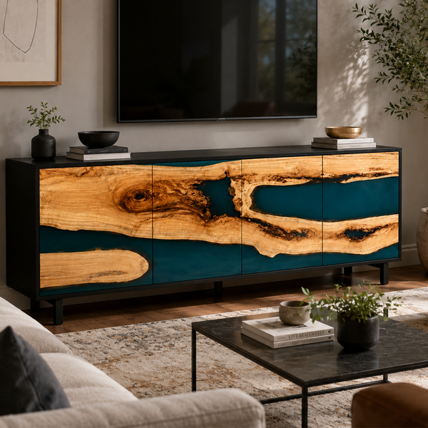 Olive Burl Deep Emerald Stream Epoxy Resin Storage Console