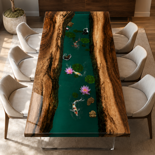 Black Walnut Emerald Jade Aquatic Life Epoxy Resin Dining Table