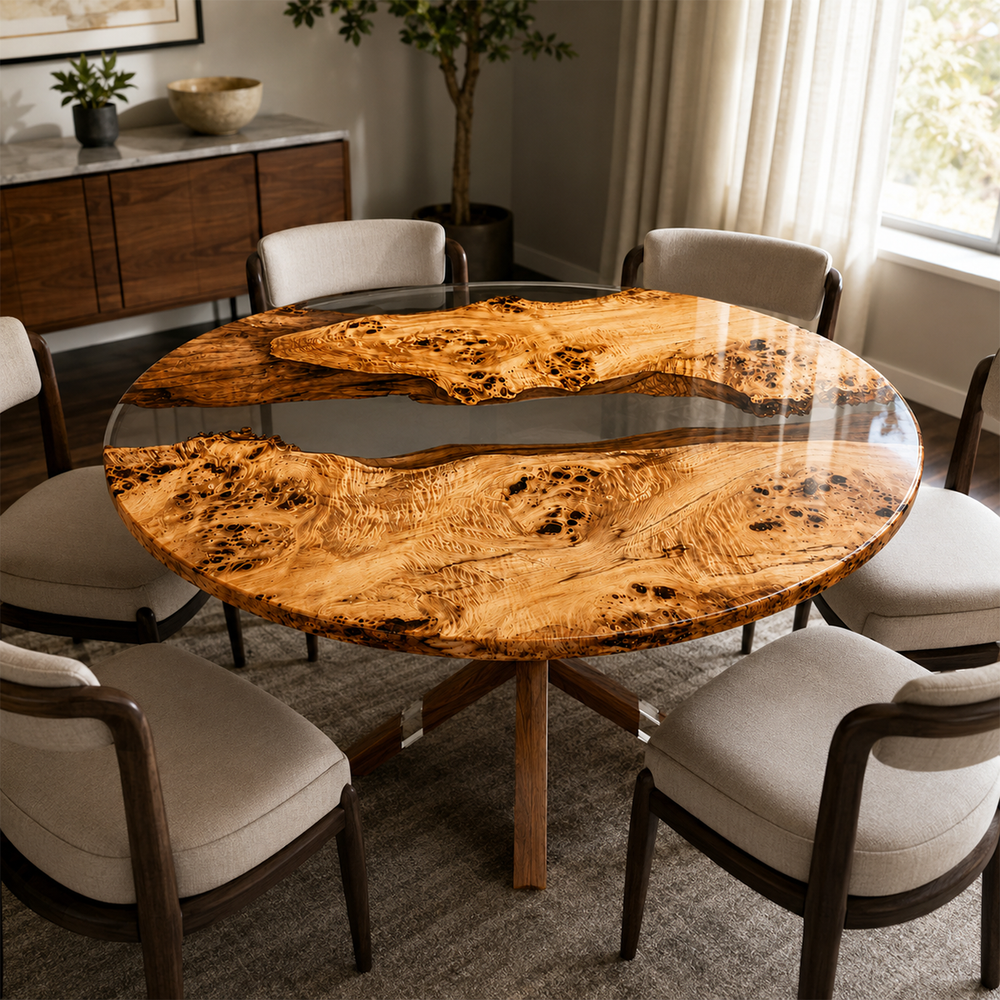 Poplar Clear River Round Epoxy Resin Dining Table