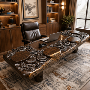Black Walnut Dragon Carved Tea Wood Slab Table