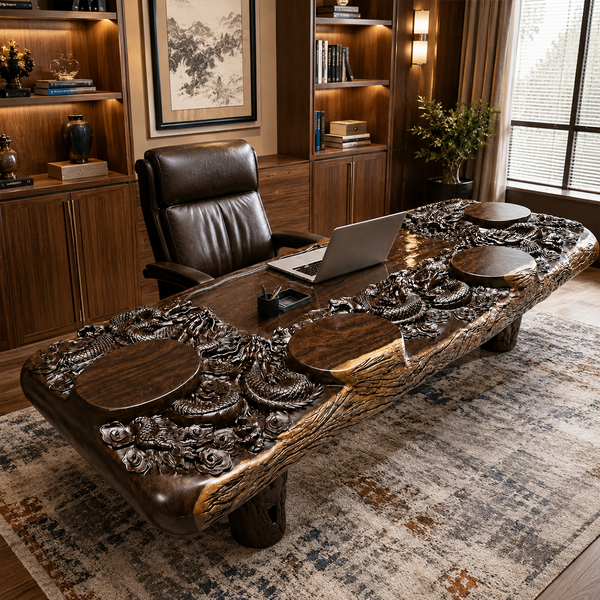 Black Walnut Dragon Carved Tea Wood Slab Table