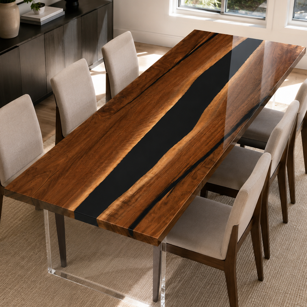 Black Walnut Black River Live Edge Epoxy Resin Dining Table