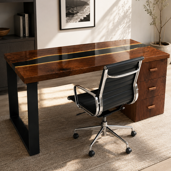 Black Walnut Live Edge Storage River Epoxy Resin Desk