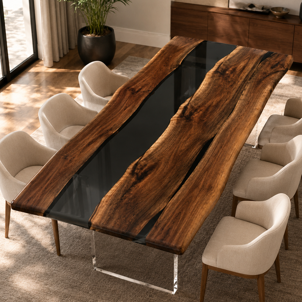 Black Walnut Obsidian Transparent Epoxy Resin Dining Table